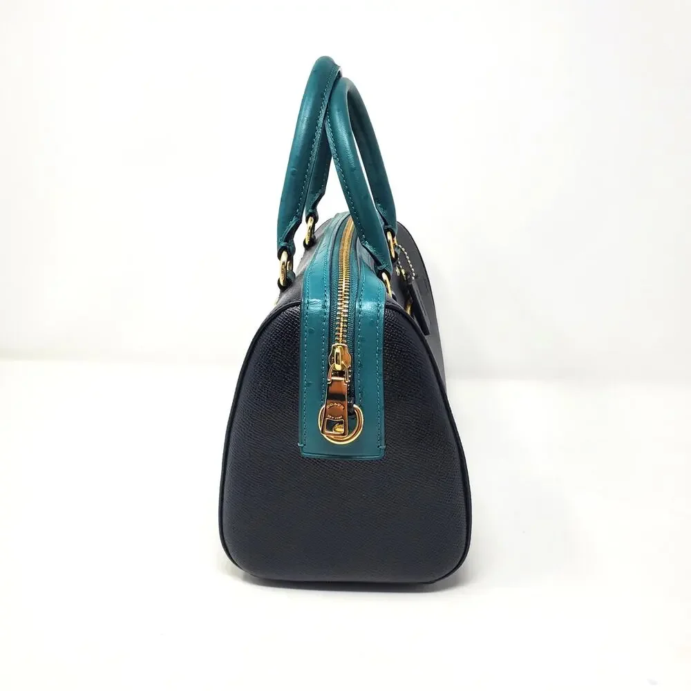 Coach Rowan Satchel Handbag Black Viridian Green Ostrich-Embossed Leather F88033